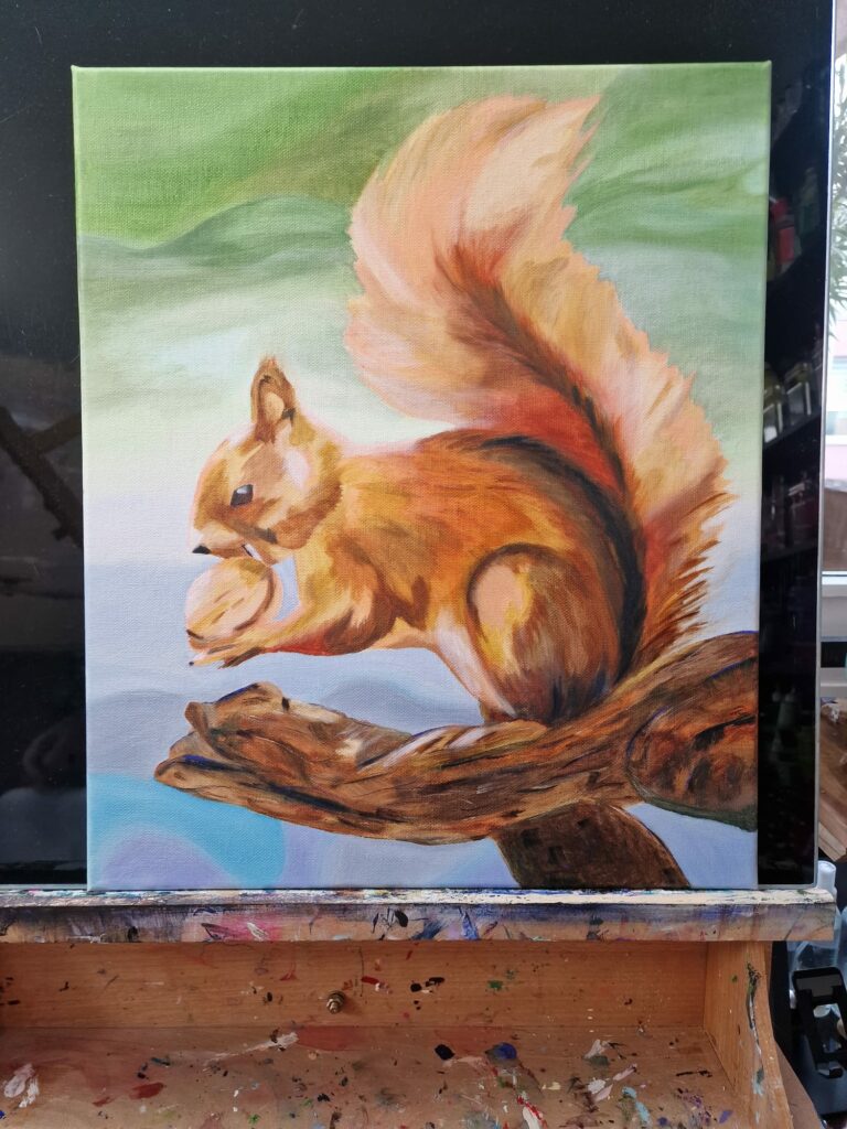 Un écureuil réalisé en peinture acrylique dans notre cours de peinture acrylique proche des Yvelines.