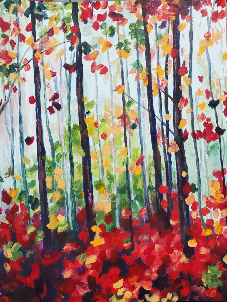 Peinture acrylique représentant des arbres en automne.