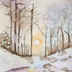 Paysage d'hiver réalisé à l'aquarelle avec un soleil en arrière-plan et une rivière, réalisé par les étudiants de notre cours d'aquarelle dans les Yvelines.