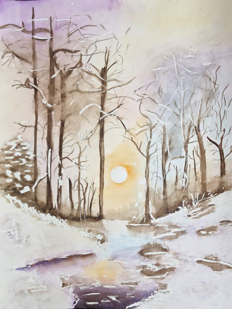 Paysage d'hiver réalisé à l'aquarelle avec un soleil en arrière-plan et une rivière, réalisé par les étudiants de notre cours d'aquarelle dans les Yvelines.