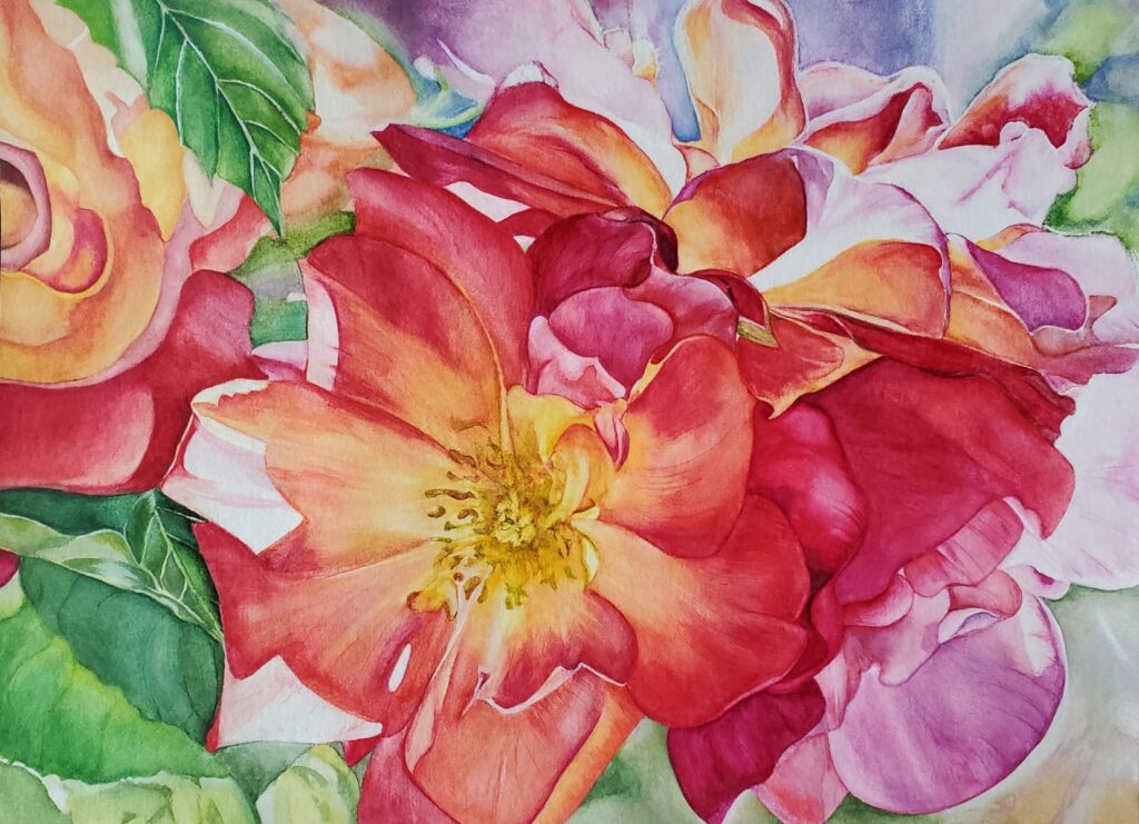Peinture aquarelle florale dans des tons roses orangés