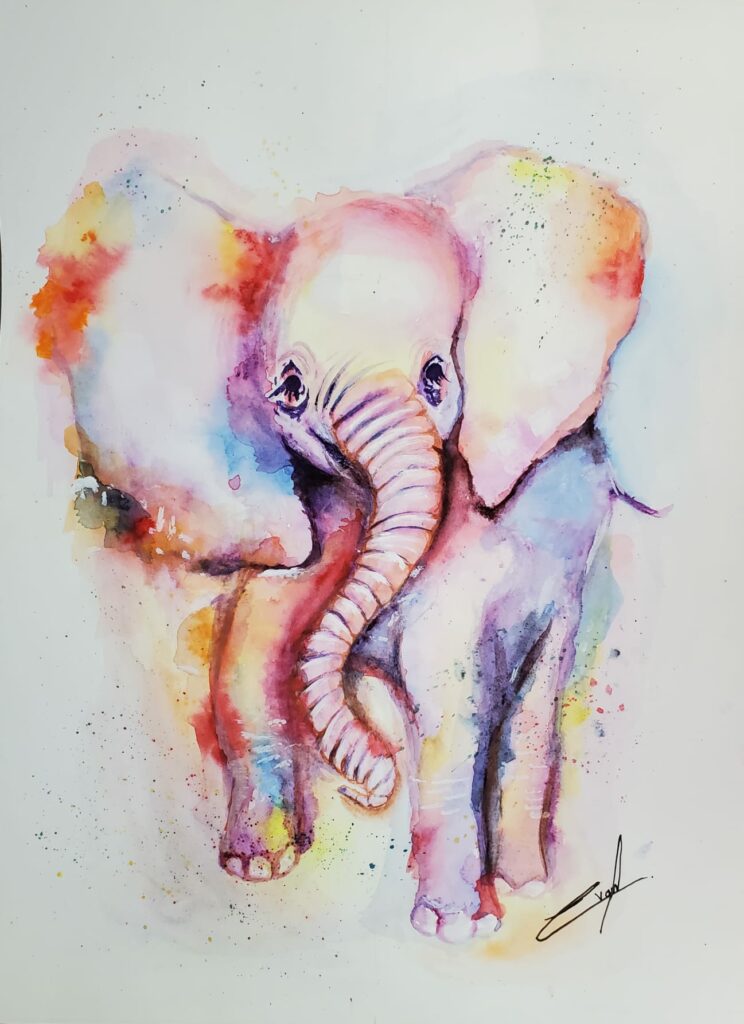 Un éléphant réalisé à l'aquarelle, peinture abstraite par un étudiant de notre cours de peinture aquarelle