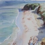Paysage réalisé à l'aquarelle représentant une plage de sable blanc