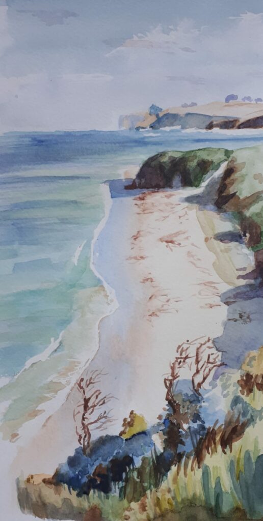 Paysage réalisé à l'aquarelle représentant une plage de sable blanc