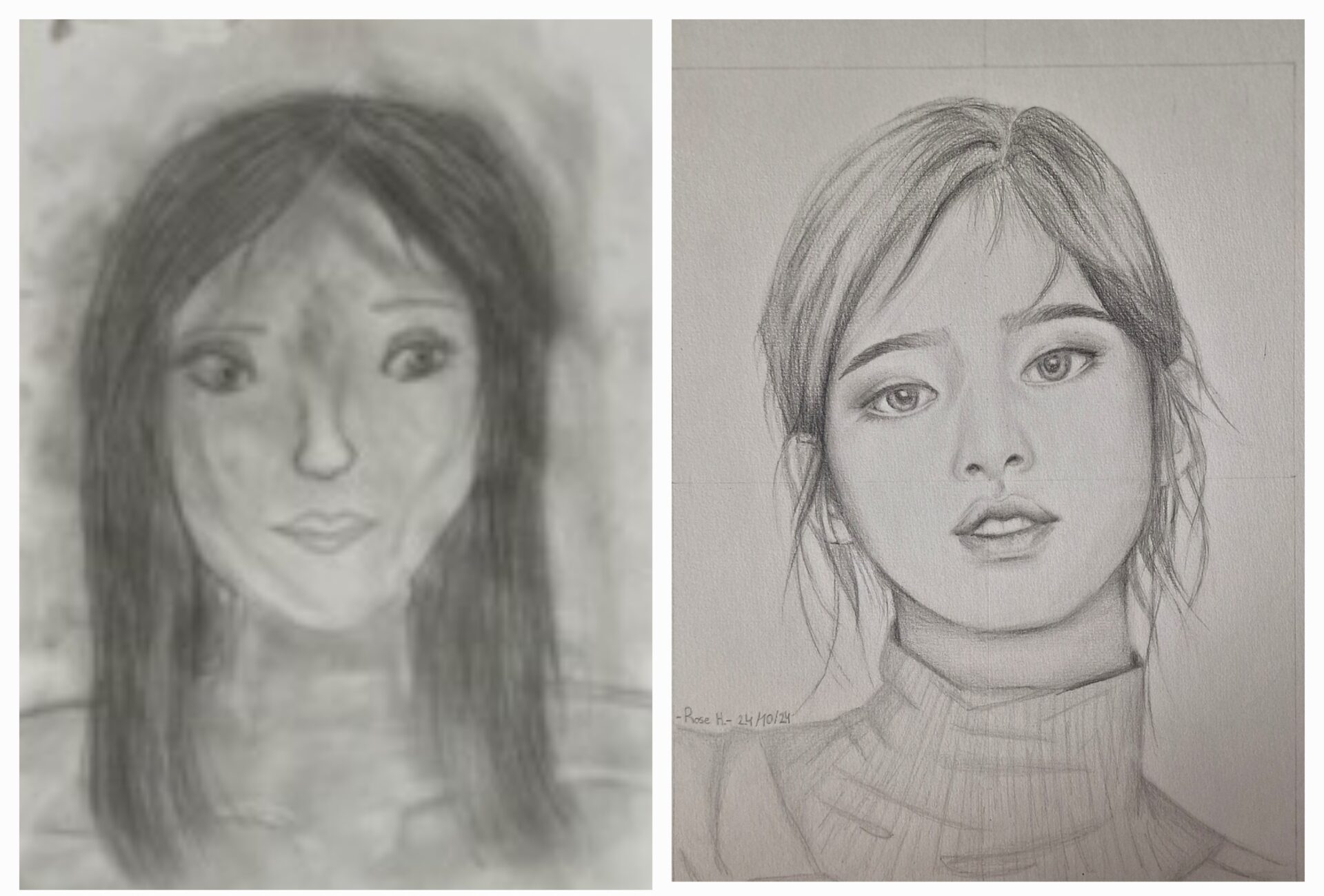 Avant-après de deux portraits au crayon graphite réalisés par une adolescente accompagnée à l’Atelier Carré d’Art’s.
