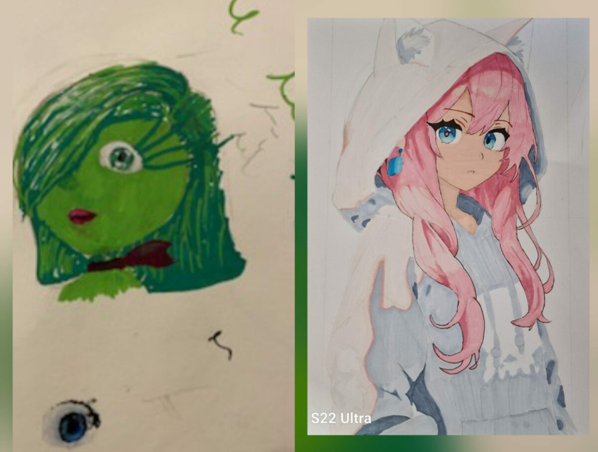 Avant-après d’un dessin manga réalisé par une jeune participante, illustrant les stages de dessin des vacances de février à Gif-sur-Yvette