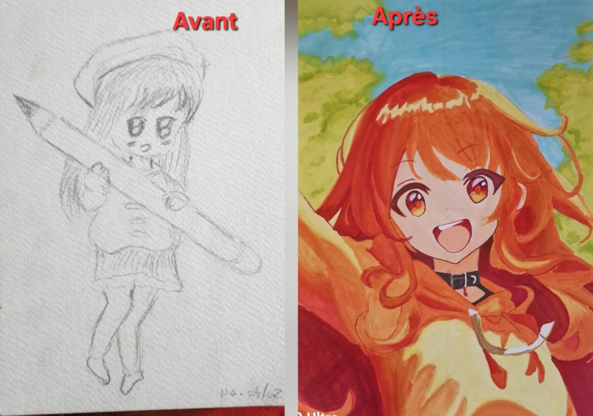 Avant-après d’un dessin manga réalisé lors d’un stage dessin peinture Toussaint à Gif-sur-Yvette