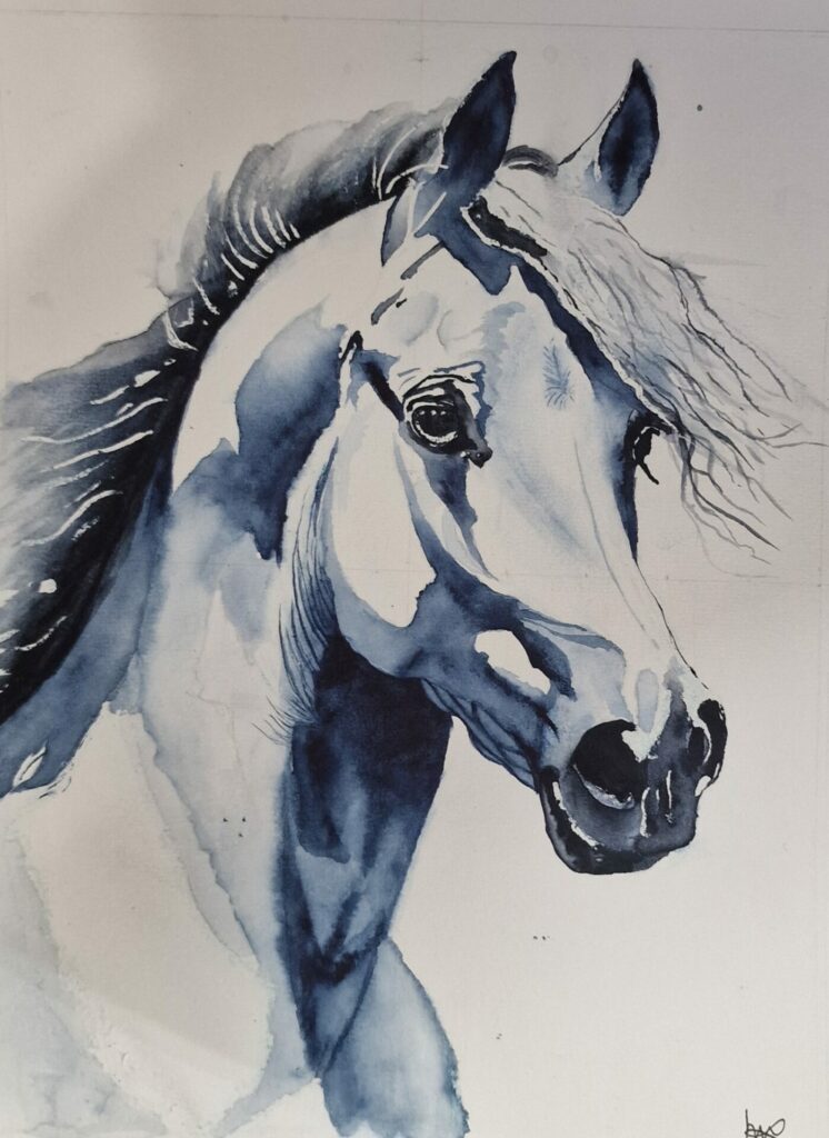 Cheval peint à l'aquarelle par une adolescente lors d'un cours de peinture à l'Atelier Carré d'Art's à Gif-sur-Yvette