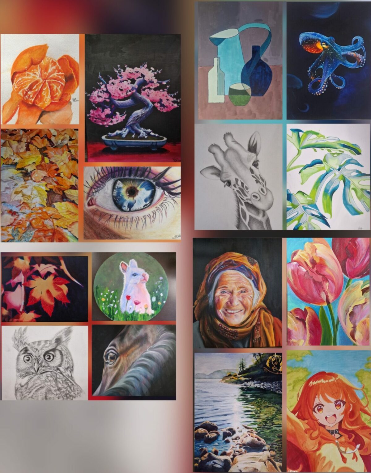 Montage de réalisations d’élèves en dessin et peinture : portraits, animaux, fleurs, paysage et personnage manga.