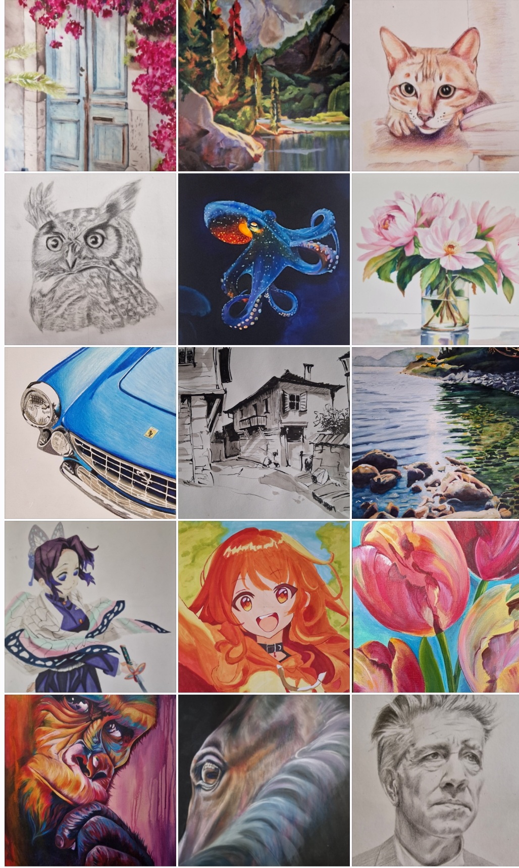 Montage de dessins et peintures d’élèves : animaux, portraits, fleurs, paysages, voiture et personnages manga.