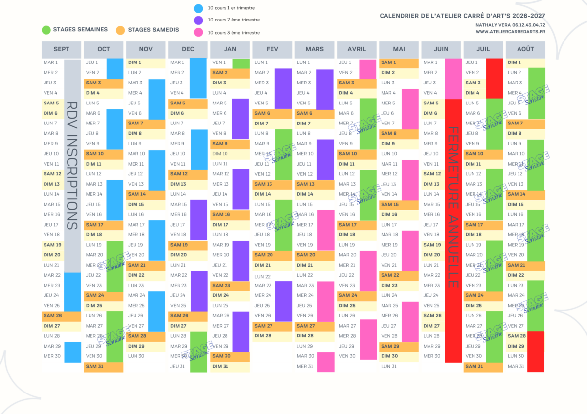 Calendrier annuel 2026-2027 des cours de dessin et de peinture et des stages à Gif-sur-Yvette.